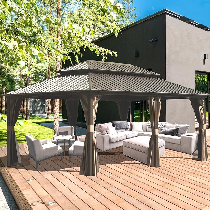 Domi 12' x 18' Hardtop Gazebo Permanent Metal Gazebo with Galvanized Steel Double Roof, Curtains and Netting for Party, Wedding, Outdoor Dining, Patio, Backyard, Brown