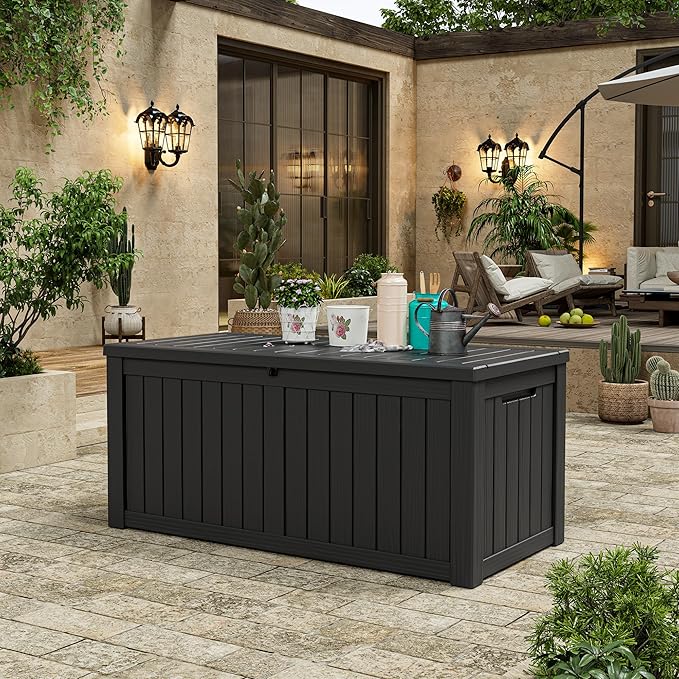 Outdoor Storage Box, Resin Deck Boxes Indoor and outdoor, Waterproof Storage Box Lockable Lid (Black, 120 Gallon)
