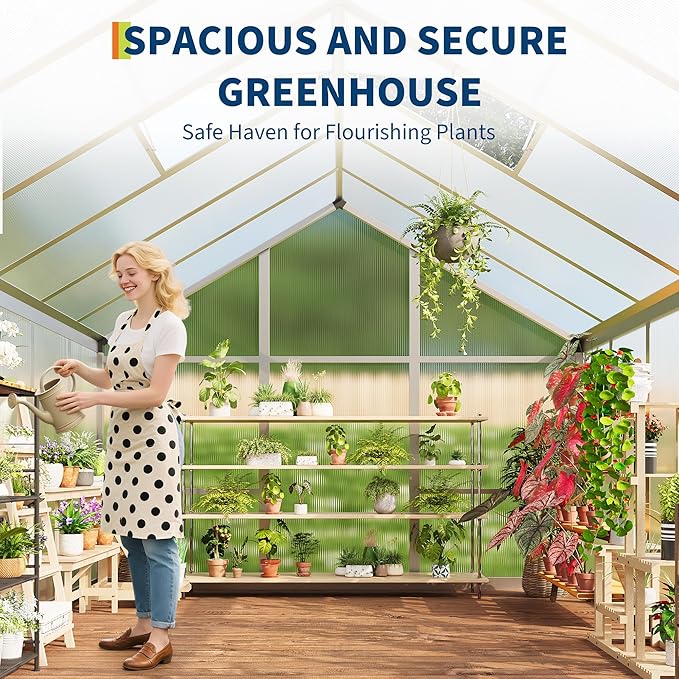 8x10 FT Polycarbonate Greenhouse with Roof Vent - Large Aluminum Walk-in Greenhouse Kit for Gardening, Backyard, Patio, Lawn - Easy Assembly