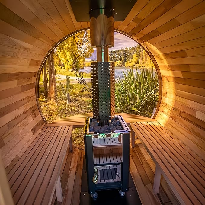 Outdoor Panoramic Sauna, 15KW Wood Burning Saunas Stove, Canadian Red Cedar Barrel Sauna 6 Person, Triple Waterproofing System, Steel Fireplace, Wood Tiles(0-195℉)