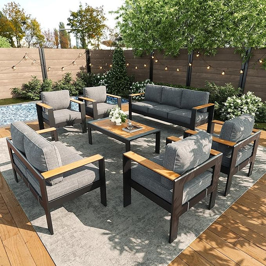 LayinSun 7 Piece Aluminum Outdoor Furniture Set with Coffee Table, Outside Patio Deep Seating Conversation Set with Upgraded Washable Thick Cushion