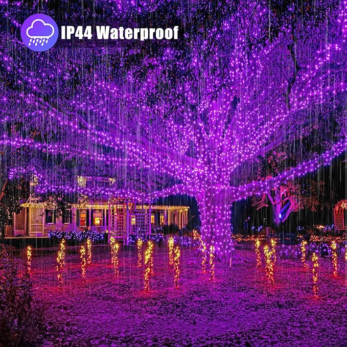Vivideal 99ft 300 LED Halloween Lights Outdoor Waterproof, Purple String Lights Clear Wire with 8 Modes Plug in Purple Christmas Light for Tree Party Halloween Decorations
