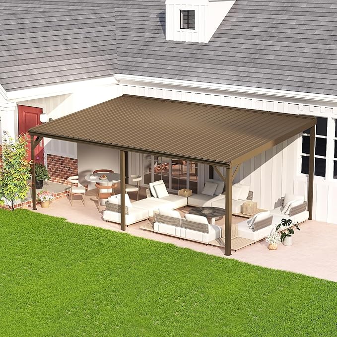 Domi 12’x20’ Wall-Mounted Hardtop Gazebo Pergola – Permanent Lean-to Outdoor Shelter with Sloped Galvanized Steel Roof & Upgraded Drainage – Gray Metal Patio Cover for Backyard, Deck, Garden, Brown