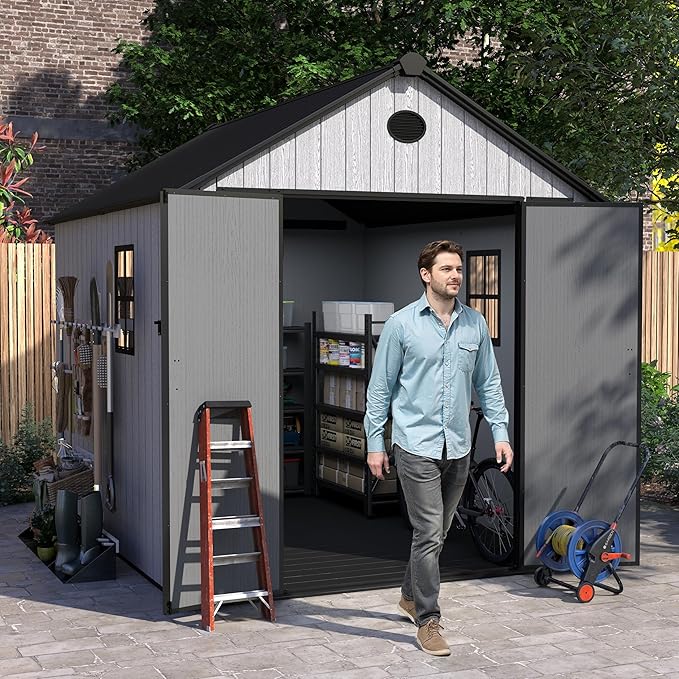 7.4x9.3 FT Resin Outdoor Storage Shed Large, 552 Cuft Garden Tool Sheds & Outdoor Storage Plastic Shed with Floor, 8FT Tall Backyard Lawn Mower Storage Shed with Side Window, Cemented Grey
