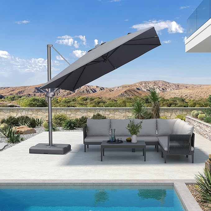 PURPLE LEAF 8' X 8' Left-Right Tilting Outdoor Patio Umbrella Swivel Offset Cantilever Rectangle Aluminum Umbrella with UV Resistant Heavy Duty for Deck Pool Patio Backyard, Graphite Grey