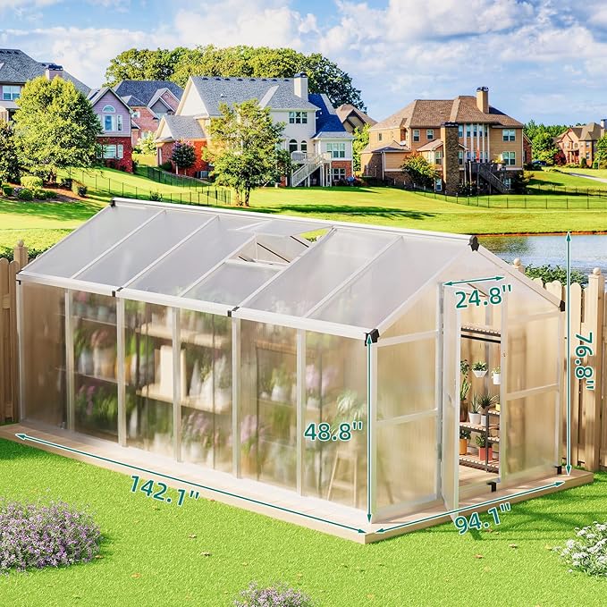 GarveeLife 8x12 ft Greenhouse, Large Aluminum Greenhouses for Outdoors, Heavy Duty Polycarbonate Greenhouse with Roof Vent, Walk-in Green houses for Winter Garden, Backyard, Patio, Lawn, Easy Assembly