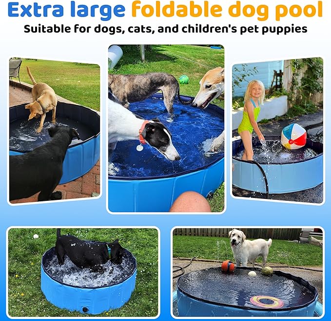 97" x 12" Foldable Dog Pool - Collapsible Hard Plastic Kiddie Pool for Dogs & Kids, Non-Slip Pet Bath Tub for Outdoor Backyard Use, Lightweight & Portable (Blue)