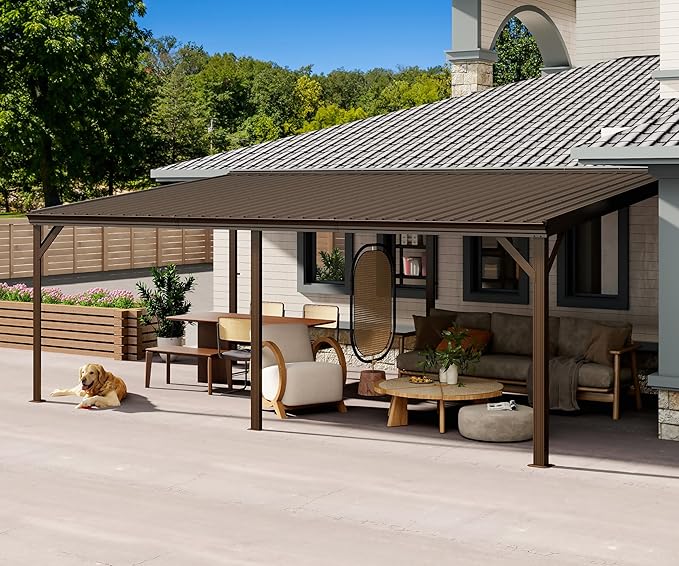 Domi 12’x20’ Lean-to Gazebo, Hardtop Wall-Mounted Gazebo Pergola with Sloping Galvanized Steel Roof and Upgraded Drainage System, Outdoor Permanent Metal Shelters for Patio Backyard Deck, Brown