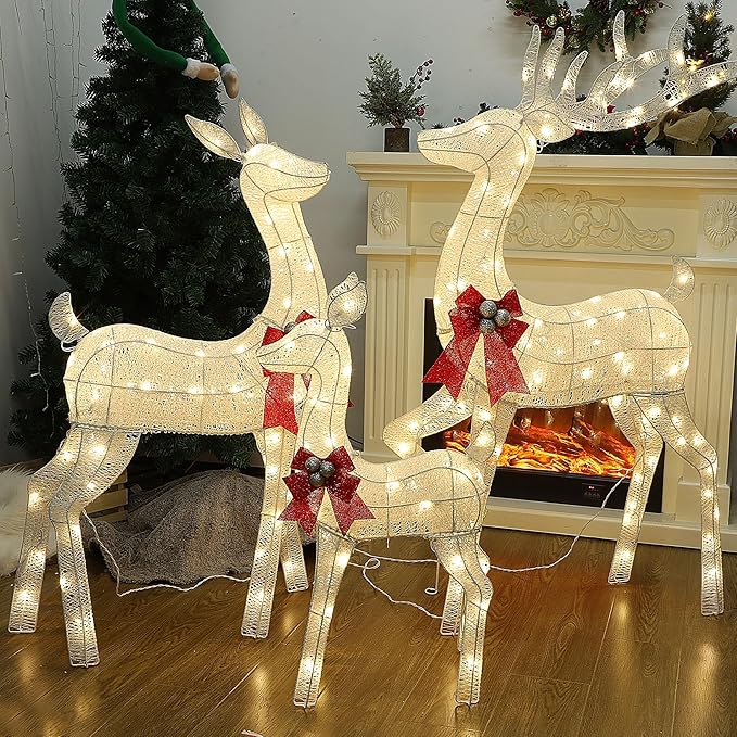 Lulu Home Set of 3 Pre-lit White Reindeer with 210 LEDs Warm White Lights, 3D Light Up Glittered Standing Reindeer Family for Xmas Lighted Holiday Display Indoor Outdoor