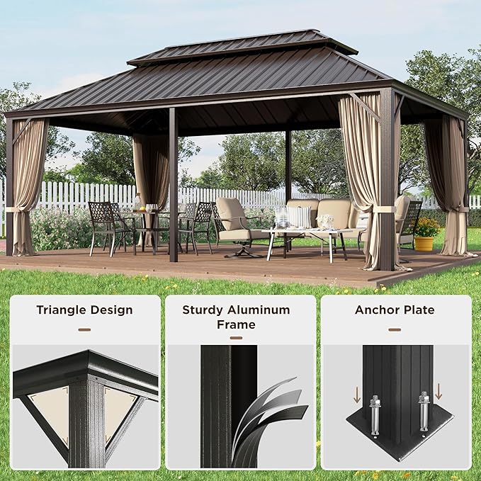GREEN PARTY 12 X 20ft Hardtop Gazebo with Nettings and Curtains, Heavy Duty Double Roof Galvanized Steel, Outdoor Aluminum Gazebos Pergolas for Patios, Backyard, Deck, Garden, Lawns