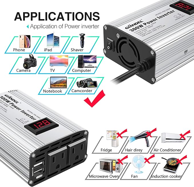 300W Power Inverter DC 12V to 110V AC Car Inverter with 4.8A Dual USB Car Adapter with LED Display