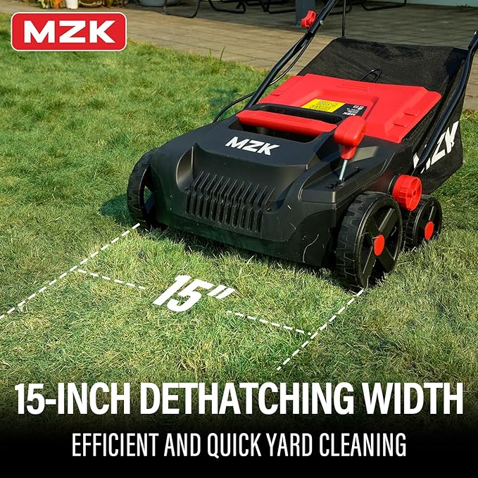 MZK 15-inch 2-in-1 Electric Dethatcher and Scarifier w/Removeable 5-Position Height Adjustment,Lawn dethatcher w/12-Gallon Thatch Collection Bag,Keep Lawn Health,(DS15A06)
