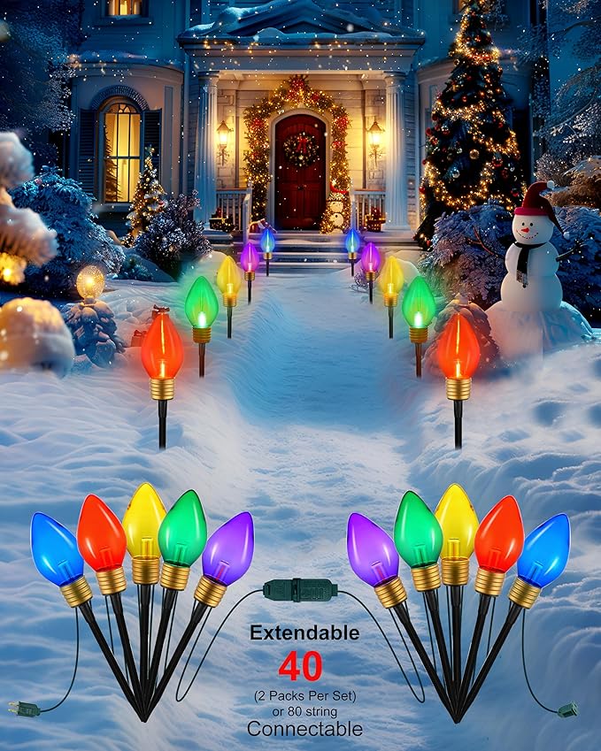 10 Jumbo C9 Pathway Lights Outdoor, 11Ft 2 Pack 5 LED Giant Bulbs, Large Outdoor Christmas Decor for Holiday Lawn Yard Garden, Big Christmas Lights Decorations, Multicolor