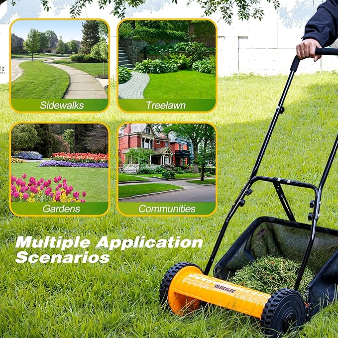 Walensee 14-Inch 5-Blade Push Reel Lawn Mower, Cordless Manual Reel Lawn Mower Walk-Behind Steel Lawn Mowers with Removable 6.7-Gallon Grass Catcher, Sponge Grip, 4-Position Cutting Height Adjustment
