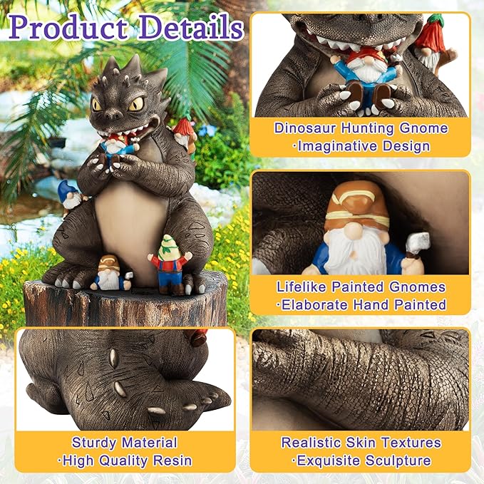 Garden Decor Statue, Dinosaur Eating Gnomes Garden Statues Outdoor Decor, Funny Monster Gnome Figurine Outside Clearance for Patio Yard Decorations