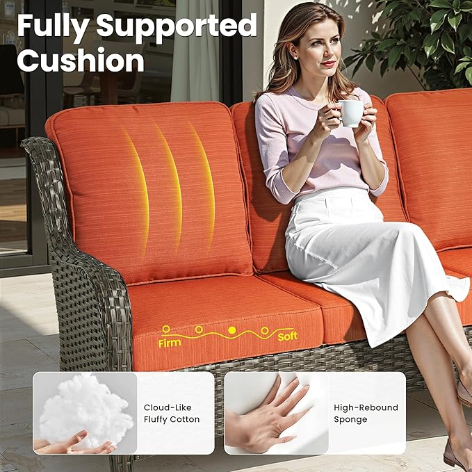 ovios 7 Pieces Patio Furniture Set, Outdoor Wicker Sofa Couch with Swivel Chairs 42" Fire Pit Table, High Back All Weather Modern Conversation Sets, Brown Rattan, Orange Red