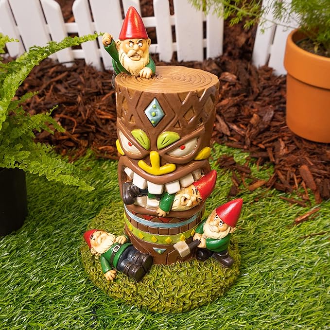 Tiki Battle Gnome Garden Statue – 9" Hilarious Resin Yard Decor – Hand-Painted Gnomes vs. Tiki Totem Outdoor Sculpture – Durable & Weather-Resistant for Indoor/Outdoor Use