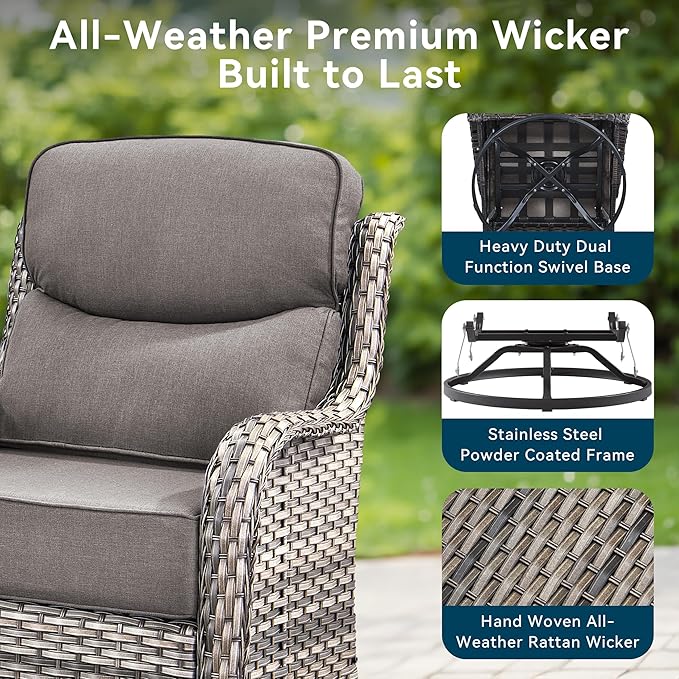 Luxury High Back Outdoor Furniture with 6-Inch Thick Cushions, Patio Furniture Set with Swivel Chairs, 4 PCS Wicker Conversation Set for Porch, Balcony, Deck and Yard