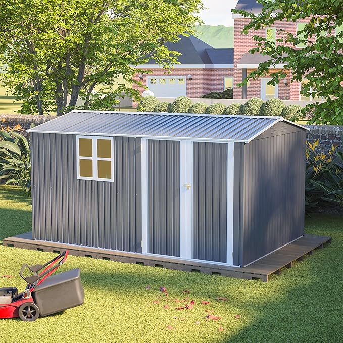 8x12 FT Metal Outdoor Storage Shed with Window & Reinforced Floor Frame, Lockable Double Doors, Weatherproof Steel Garden Tool Shed for Backyard, Lawn Equipment & Patio Organization