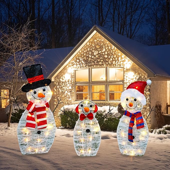 TW SHINE Lighted Christmas Snowman Outdoor Decoration, 3-Piece Pre-Lit 2D Snowman Family Set with 55 Warm White Lights, Christmas Yard Decorations for Patio Lawn Garden Decor, 20.5X9X29.5Inch-Large