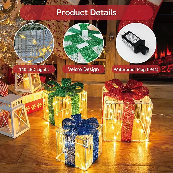 Set of 3 Christmas Lighted Gift Boxes, 140 LED Light Up Present Boxes for Christmas Decorations Indoor Outdoor Yard Xmas Tree Holiday Party Lawn Porch Home Decor (3 Colored Bow)