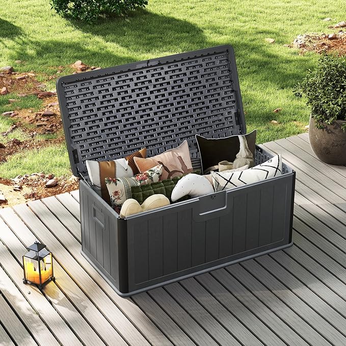 HAPPYGRILL Outdoor Storage Deck Box with Lockable Design & Gas Strut, Handle, 100 Gallon HDPE Patio Storage Organizer for Lawn Backyard Poolside (Gray)