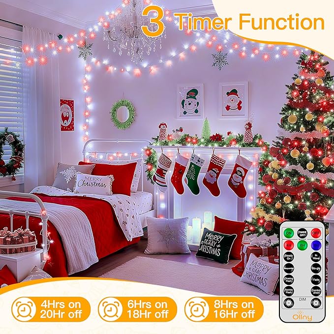 Ollny Red and White Christmas Lights Waterproof, 400LED 131FT String Lights with Remote 3 Timer, Plug in 8 Modes Fairy Light for Xmas Tree Indoor Bedroom House Party Wedding Decorations