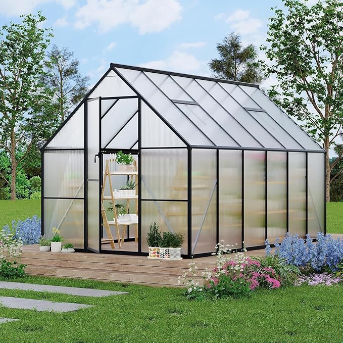 Greenhouse 8x14 FT Aluminum-Framed Heavy Duty Polycarbonate with Quick Setup Structure and Roof Vent Large Enhanced Outdoors Green House Kit