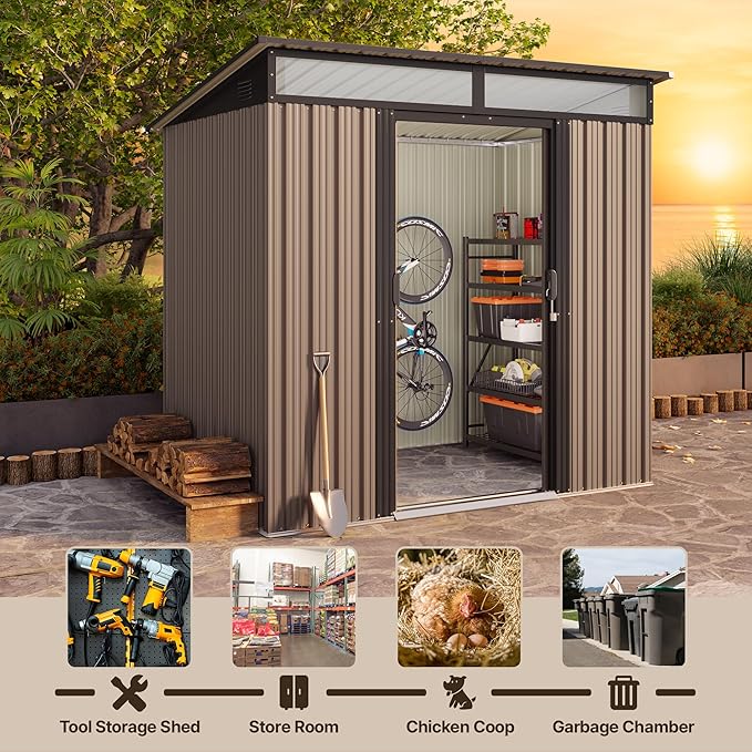 Gizoon 6'x4' Outdoor Storage Shed Metal Garden Shed with Sliding Lockable Doors, Versatile Tool Bike Shed with Transparent Panel Windows, Outdoor Storage Clearance for Backyard, Patio, Light Brown