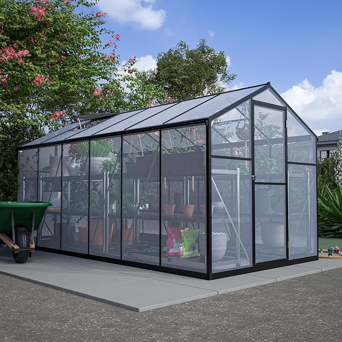 Favfurish 6x12 FT Greenhouses for Outdoors,Heavy Duty Polycarbonate Greenhouse,Lockable Walk-in Green House Sunroom w/ Roof Vent,Aluminum Hot House for Garden Plants Backyard Patio,Black
