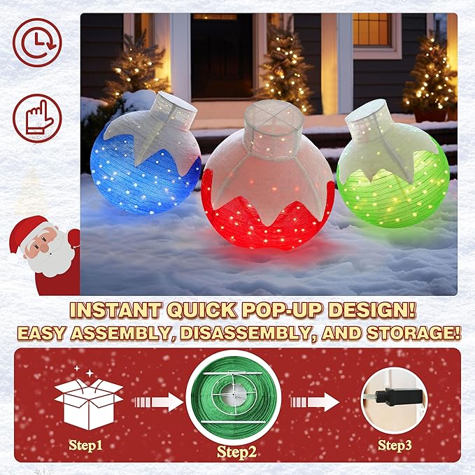 VEIKOU 36 Inch Pop-Up Set of 3 Large Christmas Ornaments, Outdoor Christmas Decorations with Base, Oversized Collapsible Balls Outdoor Indoor for Holiday Yard Garden Lawn