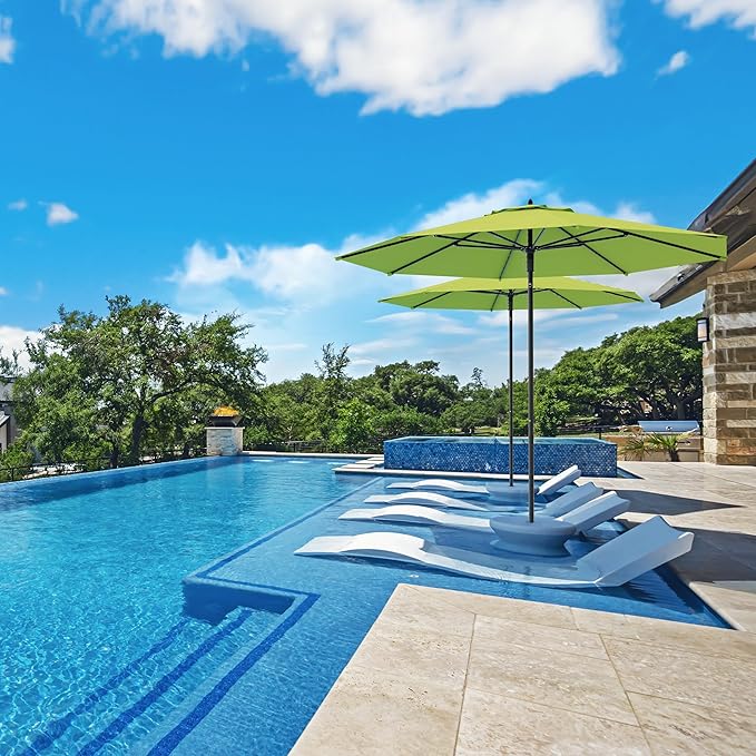 Midtown Umbrellas The Wooden 9 Feet Patio Umbrella With Sunbrella Macaw Acrylic Fabric - Aluminum Frame Market Umbrella For Backyard, Deck, Garden, Pool - Wooden Pole