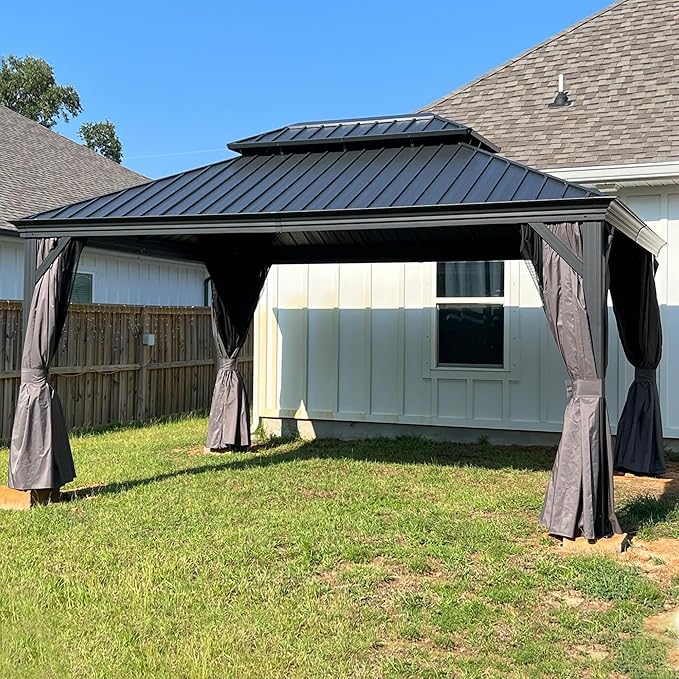 PURPLE LEAF 13' X 15' Permanent Gazebo with Metal Roof Outdoor Hardtop Gazebo for Patio Lawn and Garden Curtains and Netting Included Grey