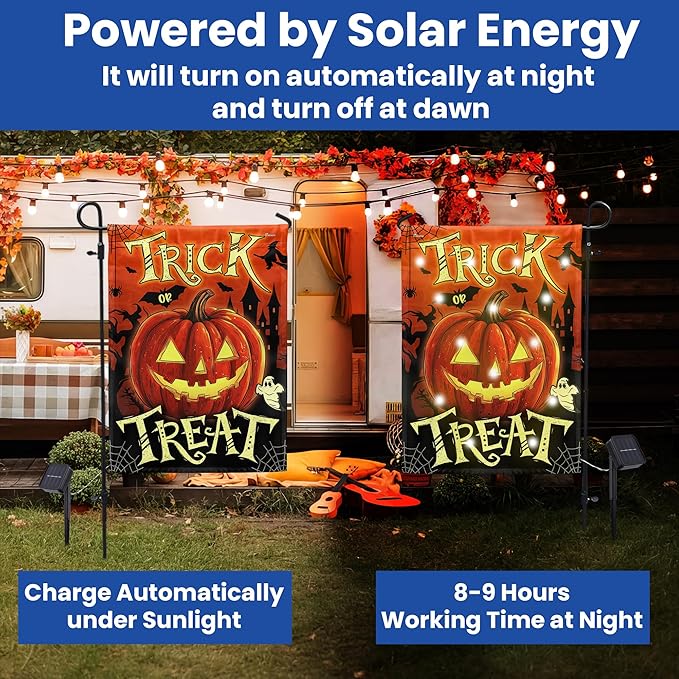 FLAGWIX Halloween Garden Flag - Solar Flag Light for Garden Decor 11.5"x17.5" - Fall Garden Flags for Halloween Decorations, Pumpkin Yard Flags for Fall Outdoor Decor, Outside Decorations for Yard