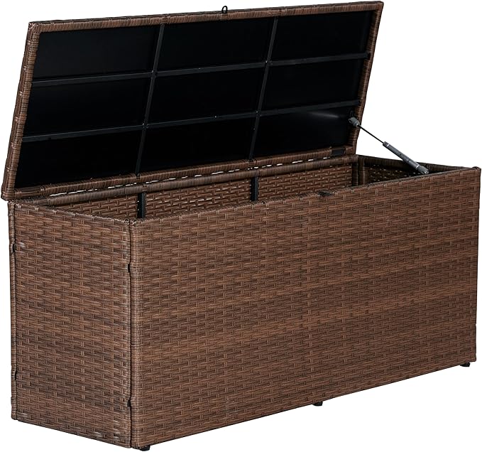 happimess TRK1001B Nino 47.24" Modern Minimalist Outdoor Faux Wicker Deck and Patio Storage Box, Brown, Soft-Close, for Package Delivery, Patio Furniture, Cushions, Gardening Tools, Pool Supplies