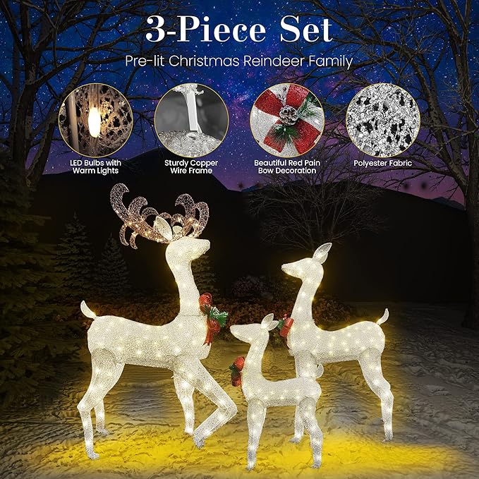 Lamerge Lighted Reindeer Family Set of 3, Christmas Decorative Deer with Red Bow and Ground Stake, Indoor or Outdoor Christmas Holiday Decoration for Yards Lawn Patio -White