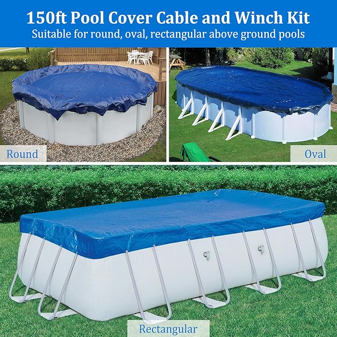 Belleone Swimming Pool Cover Cable and Winch Kit - 150ft Plastic-Coated Steel Pool Cover Wire & Aluminum Spring Loaded Pool Cover Ratchet for Above Ground Swimming Pool Winter Safe (Blue)