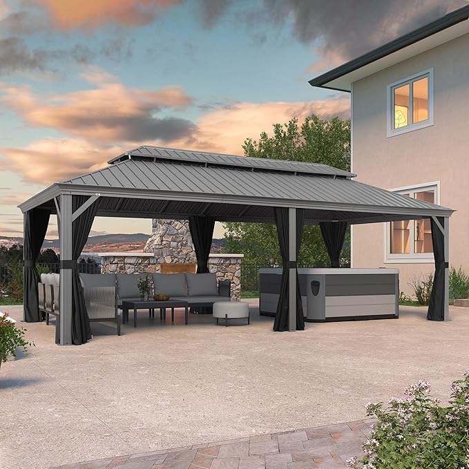 PURPLE LEAF 12' x 24' Outdoor Hardtop Gazebo with Netting and Curtains Galvanized Steel Double Roof and Aluminum Frames Permanent Wind Resistance Pavilion Gazebo for Patio Deck Garden, Light Grey