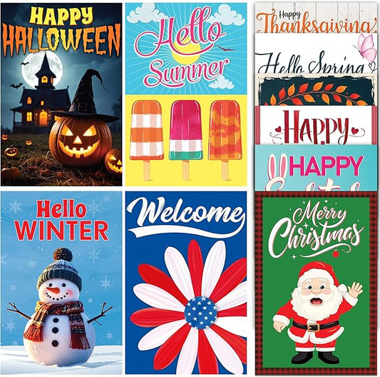 VAPARA DESIGNS Set of 10 Seasonal Garden Flags - 12"x18" Double Sided Garden Flags for Outside - Winter, Summer, Fall, Spring, Halloween, Christmas, Easter, Thanksgiving, Valentines Day, 4th of July