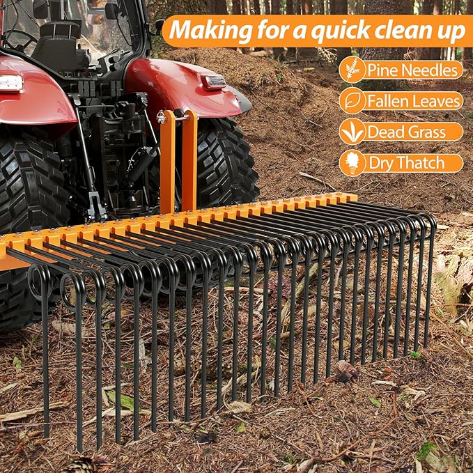 60" Durable Powder Coated, Steel Pine Grass Rake, Steel Spring Landscape Rake, Cat 0 Cat 1 Attaches to Tractor, 3-Point Hitch, Black + Orange