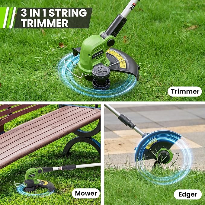 20V Cordless Weed Wacker, 12" Weedeaters on Wheels, 2.0Ah Compatible CURECURE 20V Battery, 8800PRM Powerful Motor, 3-in-1 Versatile Design, Auto Line Feed, 4.6 LBS