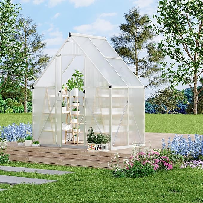 6X4 ft Polycarbonate Greenhouse with Aluminum Frame, Polycarbonate Greenhouse for Outdoors, Greenhouses with Ventilation, Aluminum Large Walk-in Greenhouses for Outside