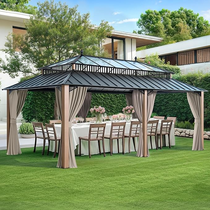 SUNJOY Kingston 20' x 12' Hardtop Gazebo with Galvanized Steel/Polycarbonate Double Roof, Curtain and Netting, Woodgrain Finish Aluminum Posts Permanent Pavilion Gazebo for Garden, Patio, Deck, Lawn