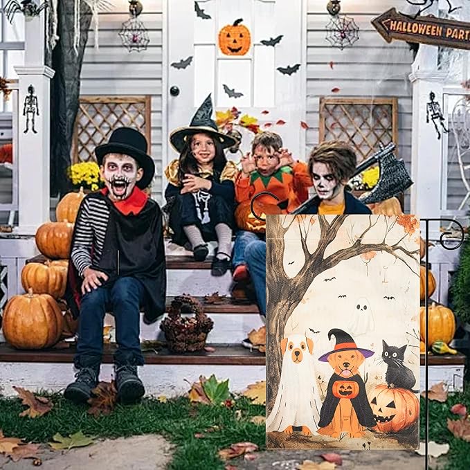 Halloween Garden Flag - Halloween Decorations Outdoor, Yard Flag for Outdoor Holiday Home Decor, Double Sided 12x18 Inch - Cat & Dogs