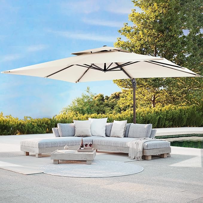 JZAC & QZYD 10 X 13 FT Cantilever Patio Umbrella Outdoor Rectangle Offset Large Double Top Heavy Duty Umbrellas with 360° Rotation for Pool Deck Backyard Garden, Beige