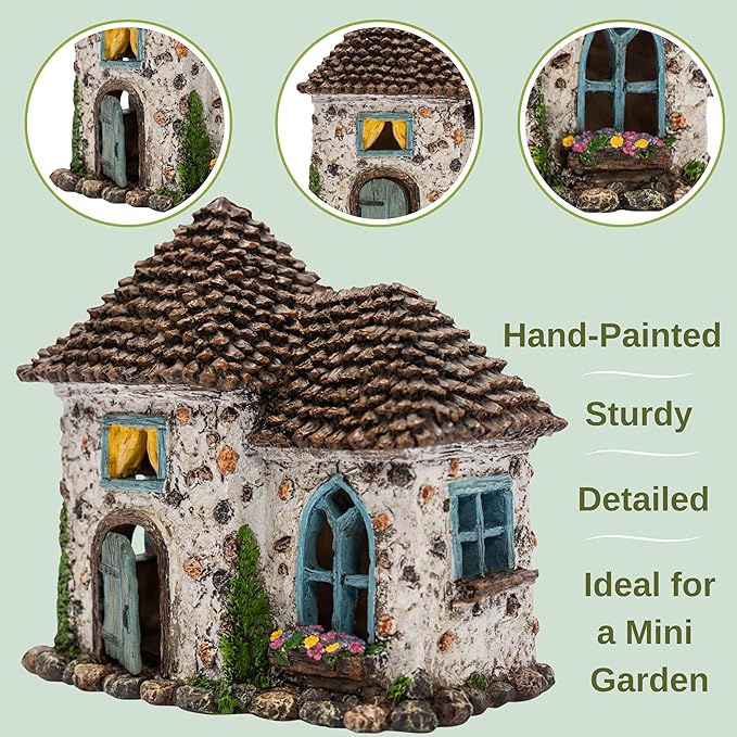 PRETMANNS Fairy House Kit - Fairy Garden Accessories for Outdoor Miniature Village Decor, with Fairies & Sign - Pinecone House, 6.5' High & Door can Open Wide - 4 Piece Supplies