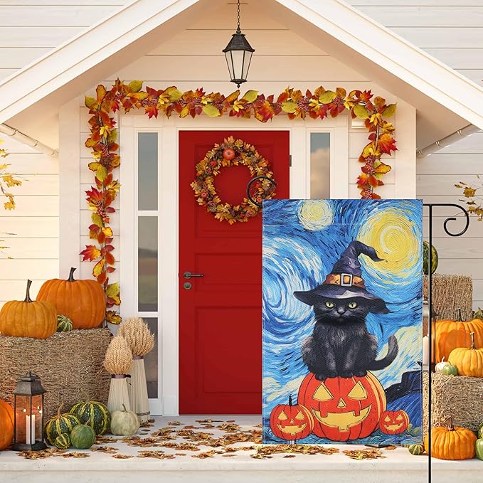 Halloween Garden Flag - Halloween Decorations Outdoor, Yard Flag for Outdoor Holiday Home Decor, Double Sided 12x18 Inch - Black Cat