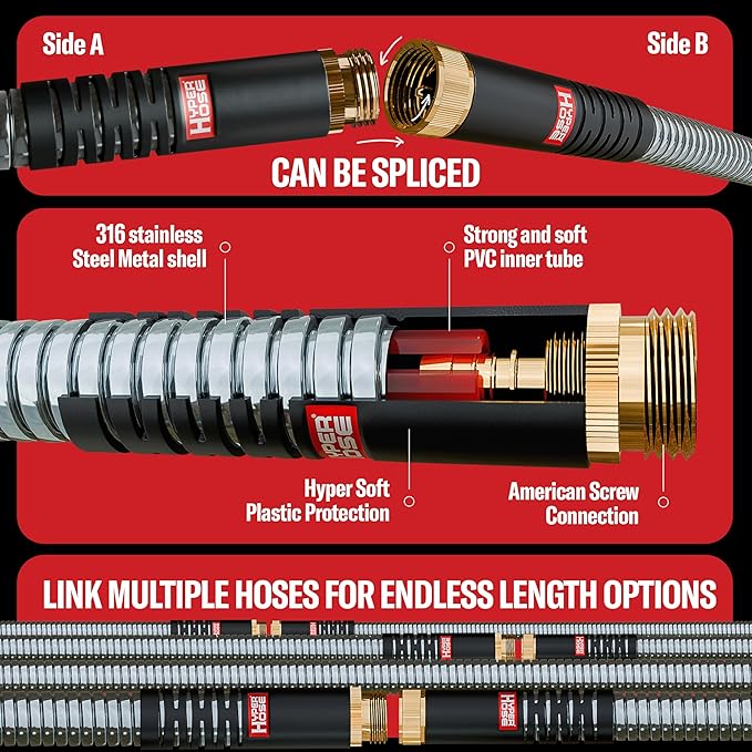 Best 150 ft Metal Garden Hose Set - No-Kink Durable 316 Stainless Steel, 10-Way Zync Spray Nozzle & Hook – Tough Flexible Heavy Duty Water Hoses, Naval Brass, Rust, Weather, LeakProof