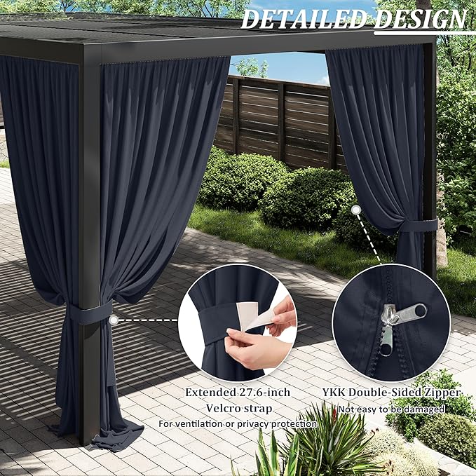 Gazebo Universal Replacement Privacy Curtain,12'×20' Gazebo Outdoor Waterproof Curtains, 4-Panels Sidewall Curtains with Double Zipper for Patio Canopy, Garden and Backyard (Curtain Only)