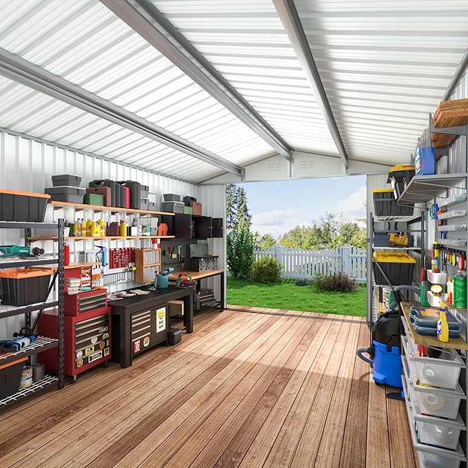 10x12 FT Outdoor Storage Shed, Metal Garden Tool Shed with Updated Frame Structure and Lockable Doors, Ideal for Backyard Garden Patio Lawn, Grey